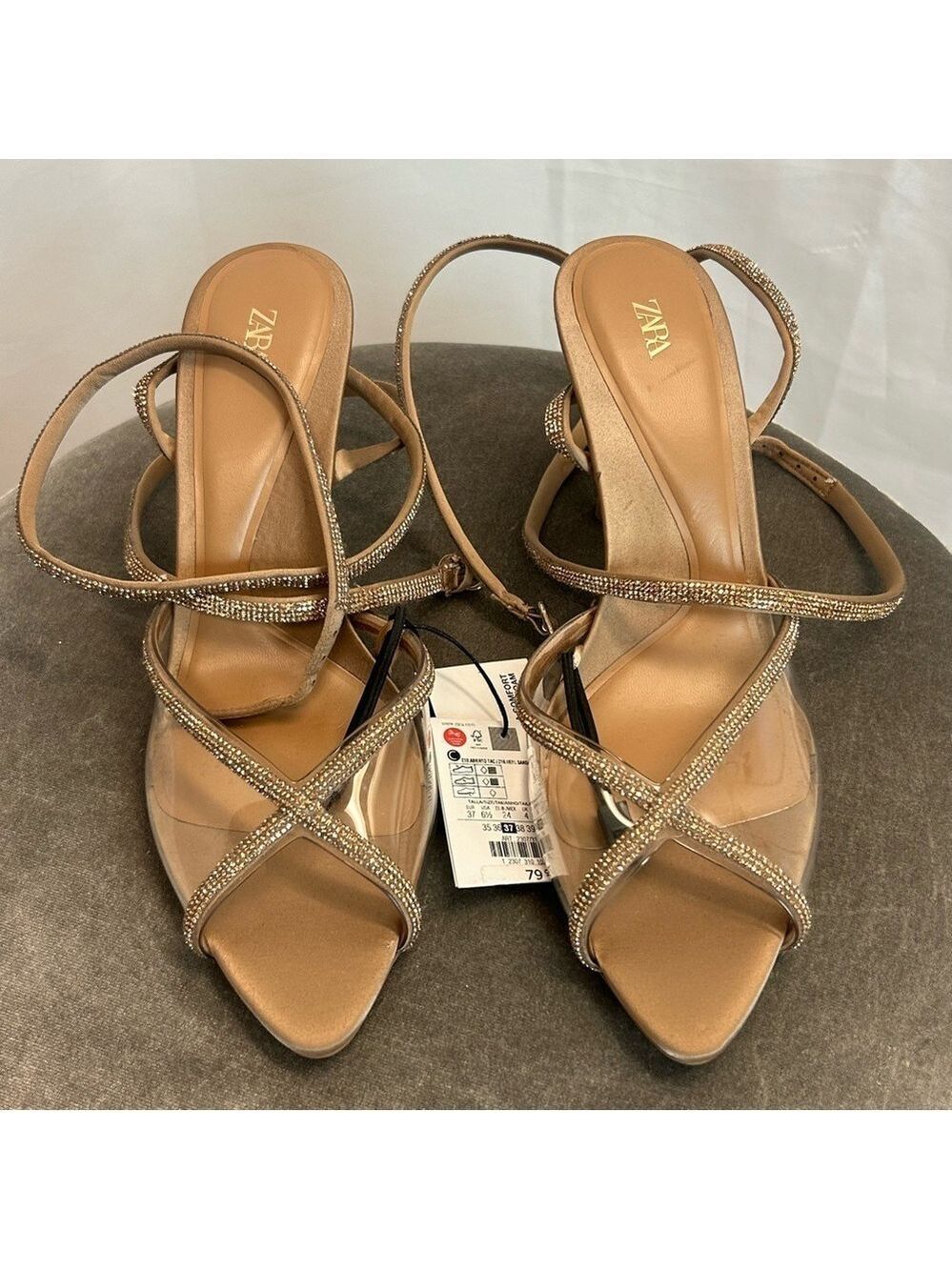 Zara Sandy Brown Crystal rhinestone lace up vinyl strappy high heel sandals 6.5 - Picture 5 of 10